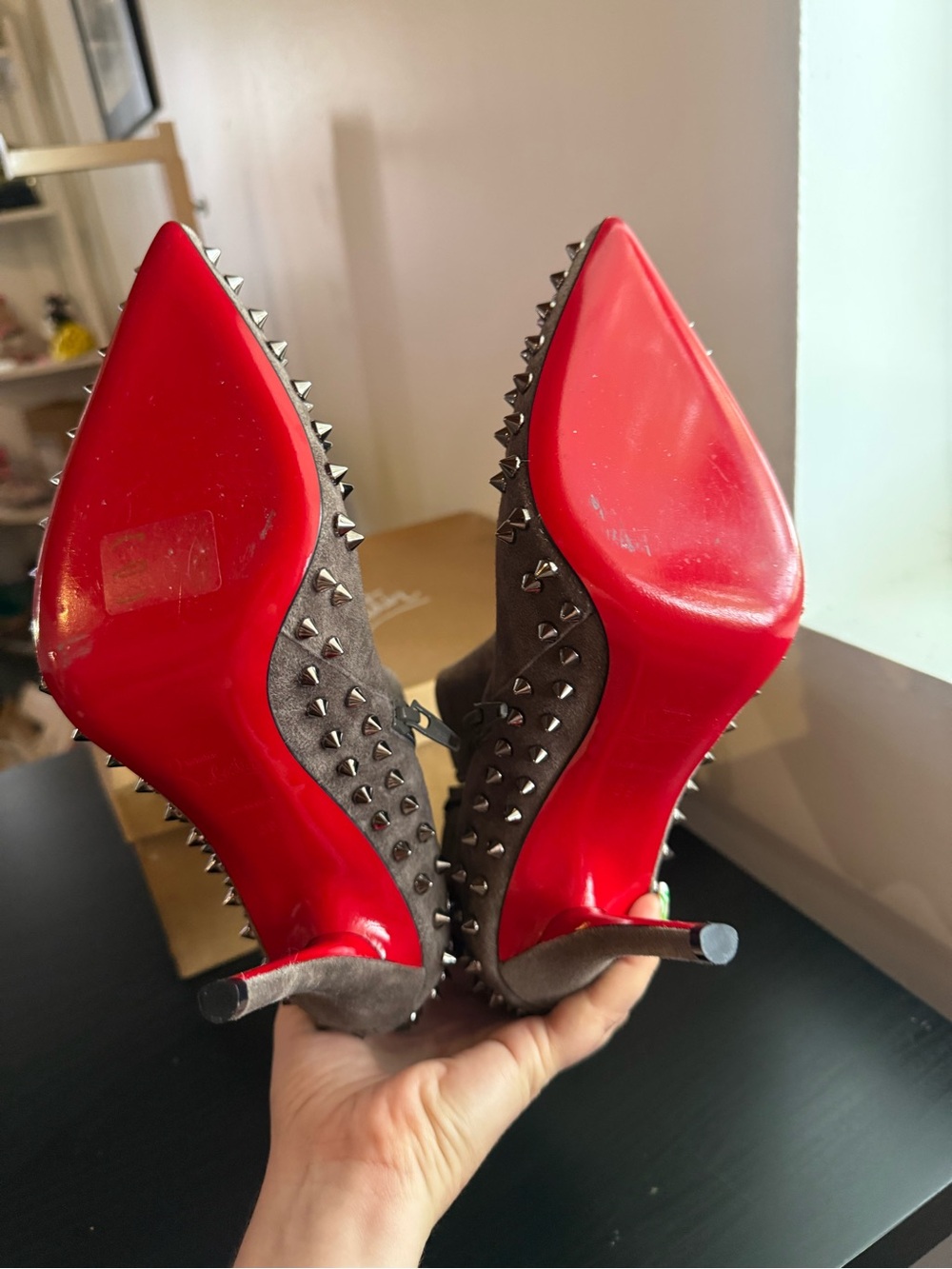 Christian Louboutin Gray Suede Studded Ankle Boots with Red Sole - Picture 11 of 11